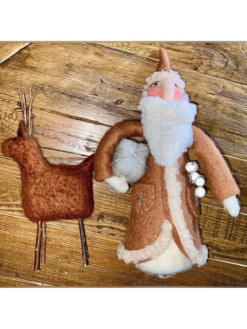 Wool felt Santa with his twig accented deer - home decor for Christmas/holidays